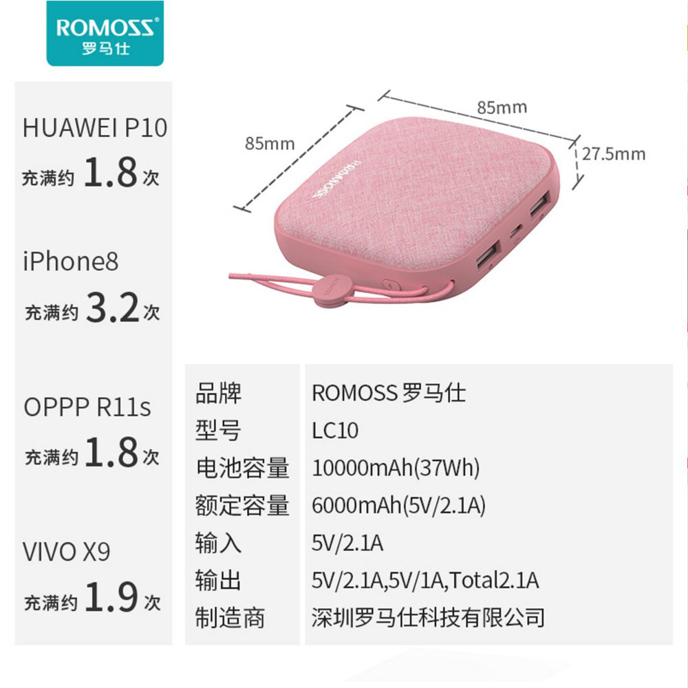 ROMOSS罗马仕布艺可爱快充电宝10000mAh便携LC10手机通用移动电源 - 图2