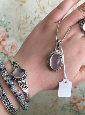 尼泊尔芙蓉石粉晶手镯925银吊坠