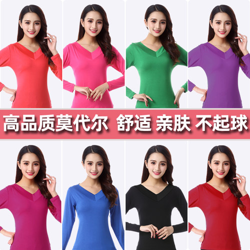 广场舞服装新款长袖上衣春秋V领舞衣大码女t恤舞蹈演出服练功服女 - 图0