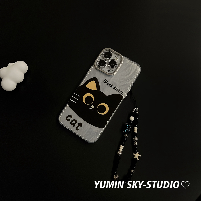 YUMIN SKY适用ins黑色大脸猫咪11苹果14ProMax手机壳iPhone14新款15手链12Pro卡通15Promax闪粉保护套13情侣 - 图1