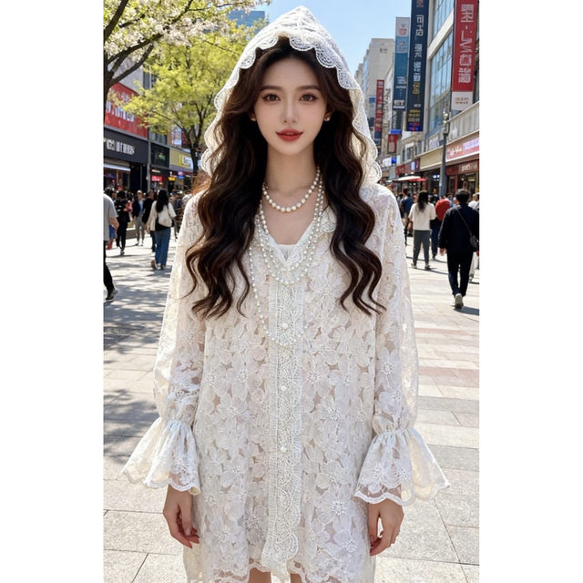 ເສື້ອລູກໄມ້ jacquard lace versatile French hooded heavy industry hooded hollow fashion sleeves long breathable