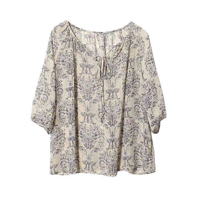 ເສື້ອເຊີດ chiffon lace-up ຄໍ V ສໍາລັບແມ່ຍິງ, ບາງ, ເສື້ອ summer ຫຼຸດຜ່ອນອາຍຸ