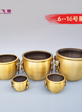 大号铜缸聚宝盆双狮耳铜香炉铜烟灰缸家用办公创意个性装饰摆件