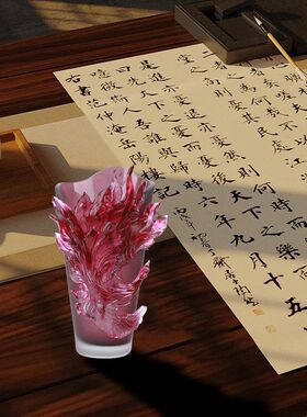 江苏琉璃工艺品红色凤凰花瓶摆件客厅高级感插花高档轻奢水晶装饰