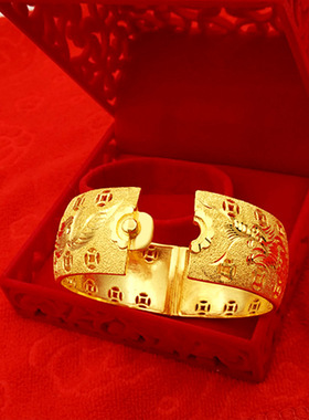 镀金囍字仿真龙凤手镯新娘结婚陪嫁三金手工雕刻永结同心龙凤镯