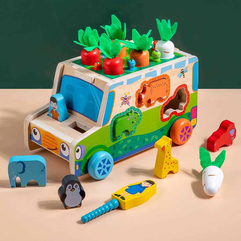 儿童木质多功能动物形状配对玩具益智拔萝卜游戏宝宝钓鱼推车积木 - 图0
