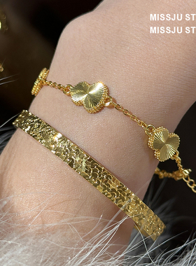 碎冰冰手镯葫芦手链女古法传承爆闪素圈实心手环时尚镯子仿黄金款