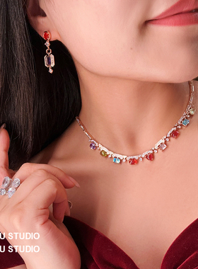 重工奢华镶满钻镶彩宝几何钻吊坠项链耳环套装彩色宝石颈链锁骨链