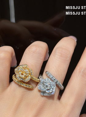 时尚奢华玫瑰花山茶花戒指立体花朵指环晚宴礼服手饰满钻小众气质