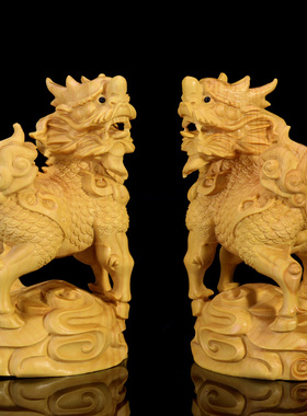 黄杨木客厅木雕招财麒麟摆件一对
