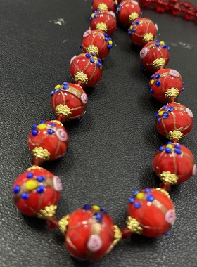 中古vintage意大利蛋糕琉璃喜庆复古穆拉诺欧泊琉璃项链耳夹红色