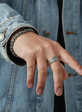 复古黄财神三马鞭纯银戒指民族风