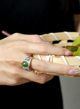 蝴蝶戒指纯银和田玉竹节粗胖大号