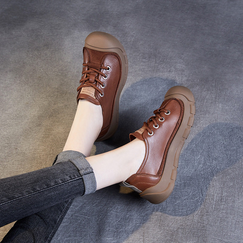 头层牛皮包头系带平跟单鞋女2024秋季新款复古深口鞋真皮女鞋软底,淘宝优惠券,粉丝福利购,淘宝优惠卷