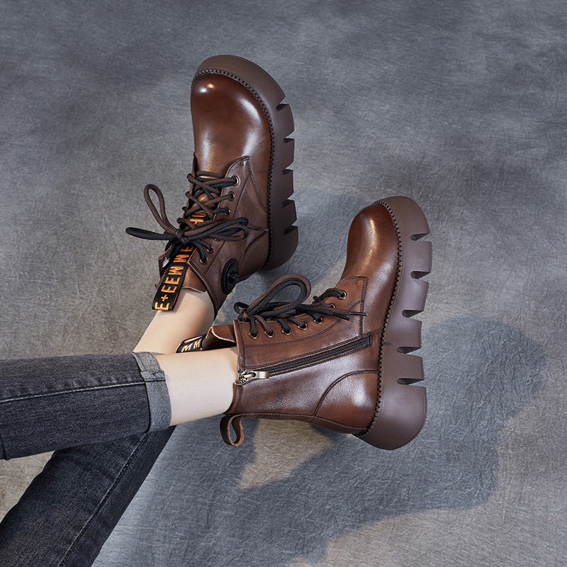 厚底短靴女2023秋冬新款真皮圆头系带侧拉链休闲松糕靴子女马丁靴,淘宝优惠券,粉丝福利购,淘宝优惠卷