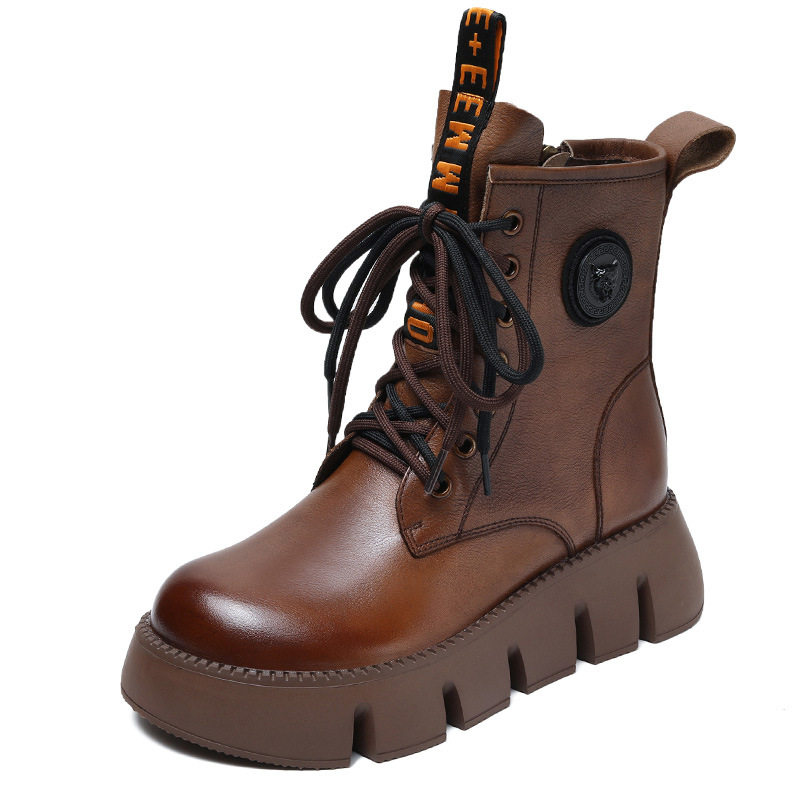 厚底短靴女2023秋冬新款真皮圆头系带侧拉链休闲松糕靴子女马丁靴,淘宝优惠券,粉丝福利购,淘宝优惠卷