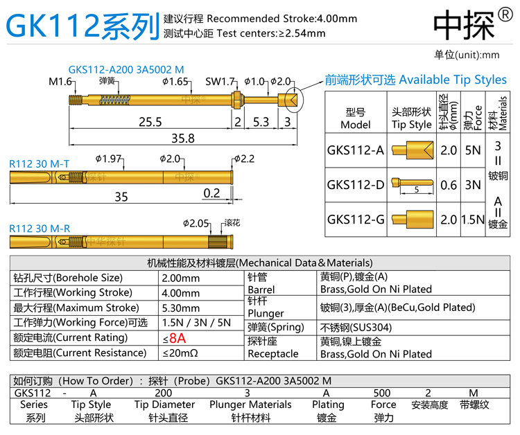 GKS112探针系列 针轴选用铍铜镀厚硬金 阻抗低 耐用耐磨 - 图0