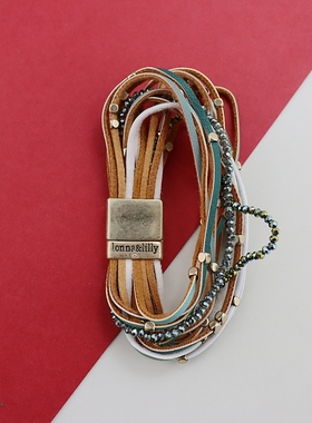 欧美时尚复古中古款多层绿色皮绳磁吸手链vintage