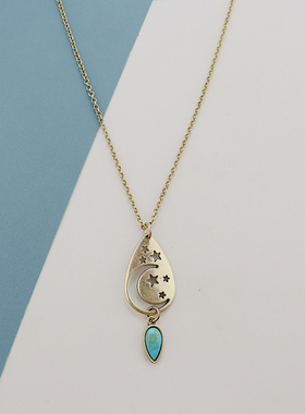 LK欧美复古做旧金色星月仿松石水滴项链精致气质时尚百搭个性