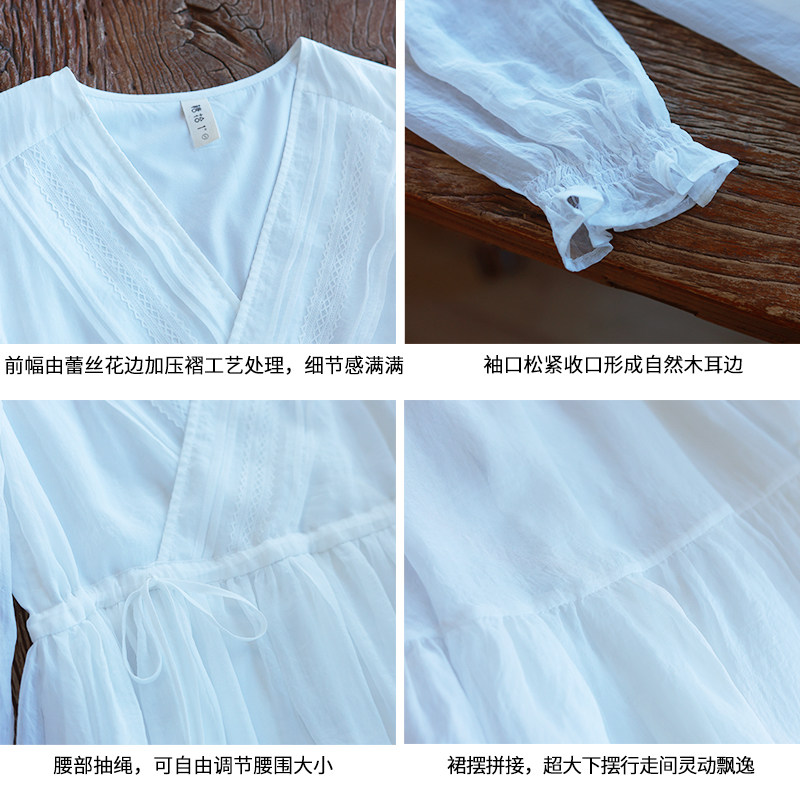 6折【虚白】复古蕾丝花边裙收腰白色连衣裙女春季V领轻薄仙气裙,淘宝优惠券,粉丝福利购,淘宝优惠卷