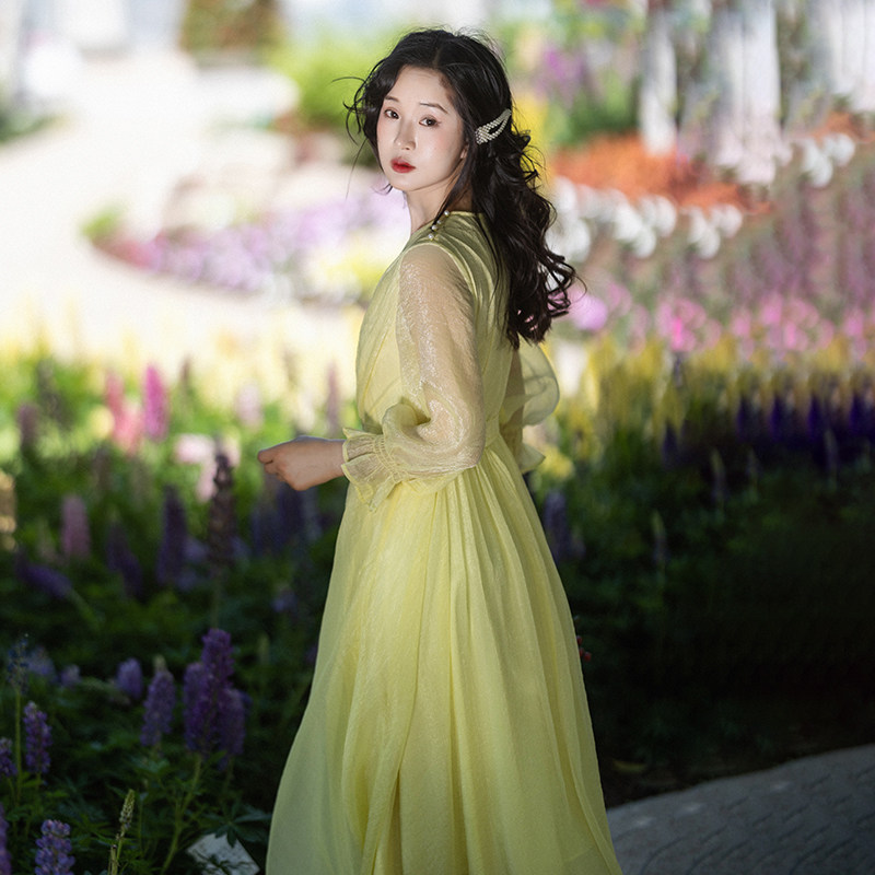 现货【流光梦影】复古V领连衣裙女夏黄色雪纺裙系带收腰裙送披肩,淘宝优惠券,粉丝福利购,淘宝优惠卷