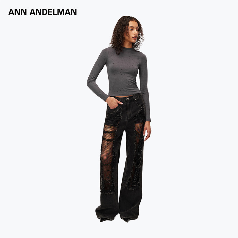 【明星同款】ANN ANDELMAN直筒宽松网纱破洞闪闪黑钻牛仔裤女,淘宝优惠券,粉丝福利购,淘宝优惠卷