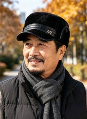 新款冬季加绒帽子中老年人爸爸鸭舌帽男护耳加厚保暖防寒皮质帽子