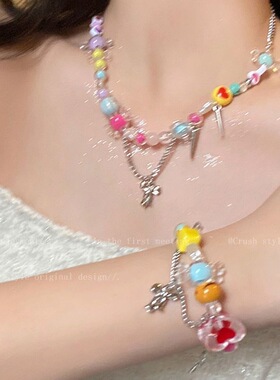 糖果甜心!彩色蝴蝶结流苏项链女小众设计网红配饰甜酷辣妹锁骨链
