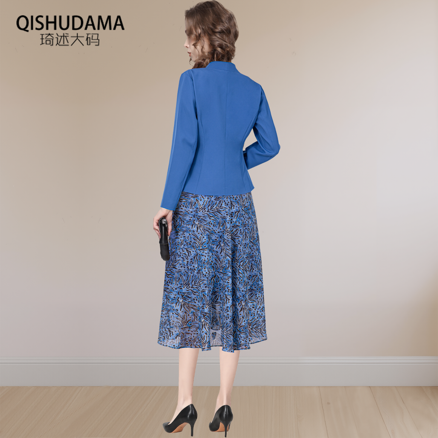 欧洲站2025秋装两件套蓝色职业优雅小西装外套女印花雪纺连衣裙,淘宝优惠券,粉丝福利购,淘宝优惠卷