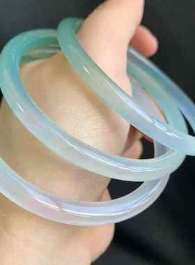 天然冰种玉髓手镯细条圆条荔枝冻叮当镯烟灰紫白玛瑙镯子气质古风