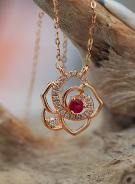 大福18K玫瑰金鸽血红宝石钻石项链伯爵玫瑰花