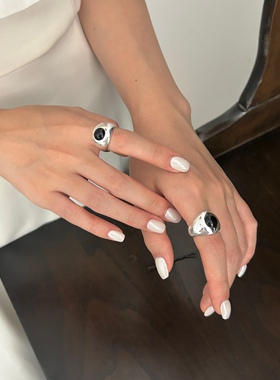 高级感食指银戒指黑玛瑙小众设计