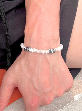 男士巴洛克扁珠叠拼天然珍珠手链碎银钛钢原创延长链款男友礼物