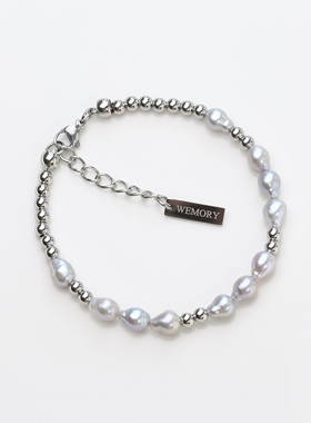 男士女式天然水滴珍珠手链手串钛钢不掉色不变色真多麻色灰色闪电