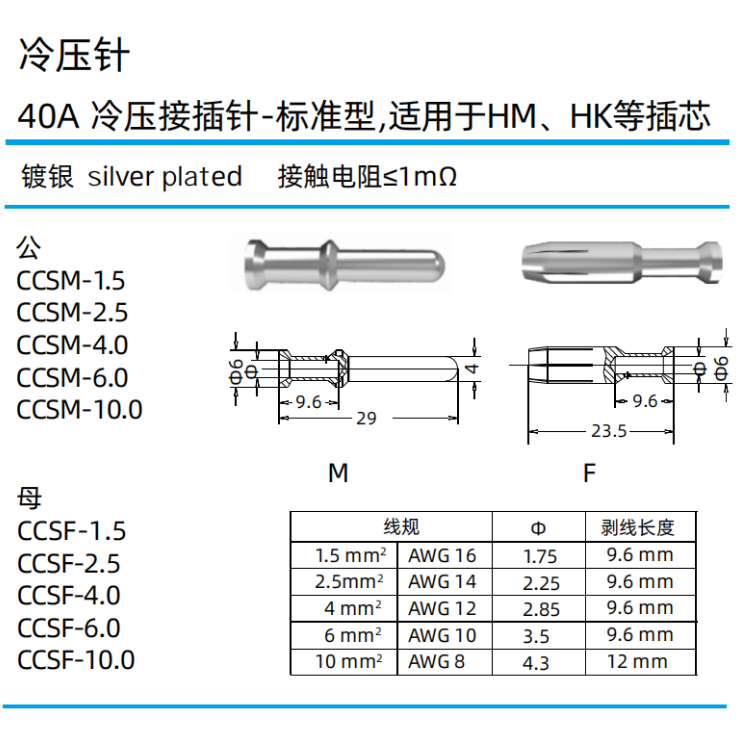 重载连接器40A镀银冷压针CCSM CCSF铜针70A插孔CKSF压接端子CKSM - 图1