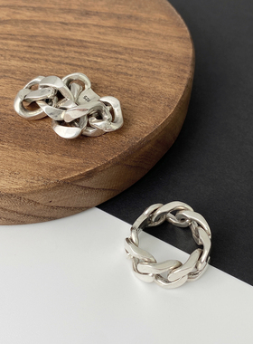 男女中性宽版纯银古巴链条戒指