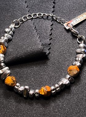 琥珀石拼接碎银手链中式简约男士