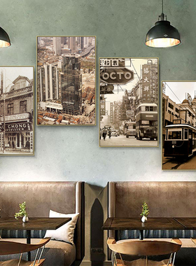 复古怀旧餐馆饭店装饰画留声机咖啡馆壁画老上海建筑风景黑白挂画