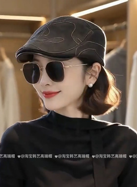 复古刺绣麂皮绒前进帽女秋显脸小