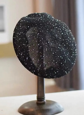 夏天镂空亮片小众黑色星星贝雷帽子女网眼圆顶日系百搭画家蓓蕾帽