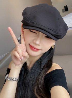 美式复古街头简约黑色贝雷帽女夏季前进帽透气可爱百搭显脸小帽子