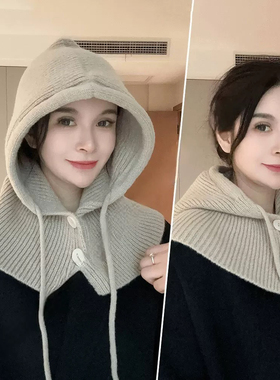 韩版巴拉法帽女秋冬显脸小红色毛线帽子围巾一体针织套头帽加大头