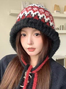 复古费尔岛红色针织帽子女秋冬