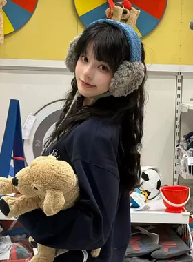 蓝色羊羔绒耳罩绑带女冬季天保暖