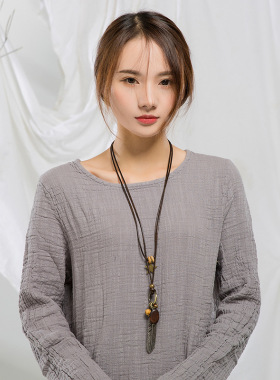 复古项链双层蜡绳合金羽毛吊坠女