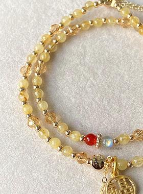 天然金发晶 红玛瑙灰月光石拉长石复古双圈 简约水晶黄色手串手链