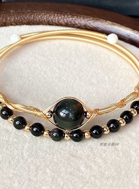 14k包金 天然彩虹眼黑曜石圆珠 双层双圈手镯 手链手串 女款