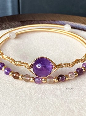 绕线14k包金 天然紫水晶配极光23水晶双层手镯手串手链 女款饰品