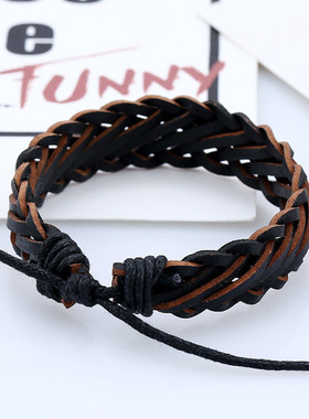 手链文艺复古牛皮系带调节编制