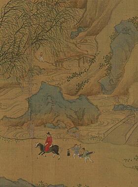 明仇英归汾图卷名家重彩工笔山水人物i国画长卷高清绢布微喷画